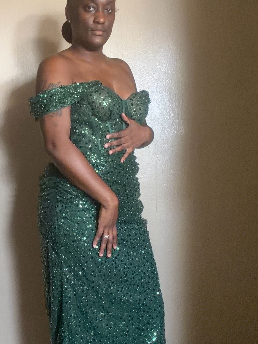 Off-Shoulder Emerald Green Sequin Evening Dress